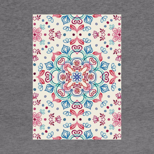 Pastel Blue, Pink & Red Watercolor Floral Pattern on Cream by micklyn